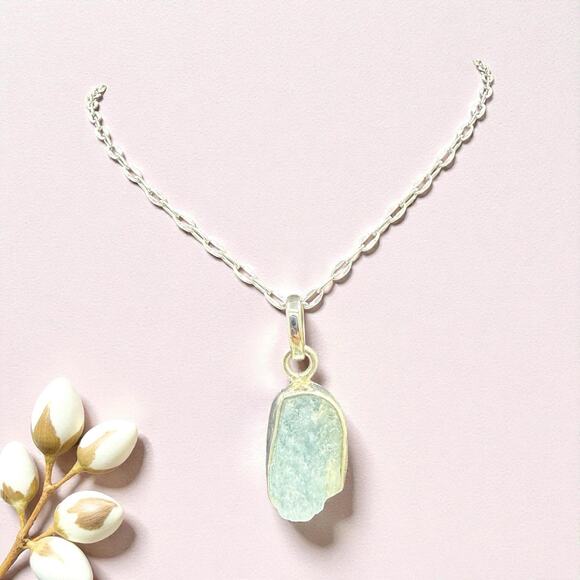 Natural Raw Aquamarine Pendant Necklace 925 Sterling Silver Handmade - Picture 2 of 8